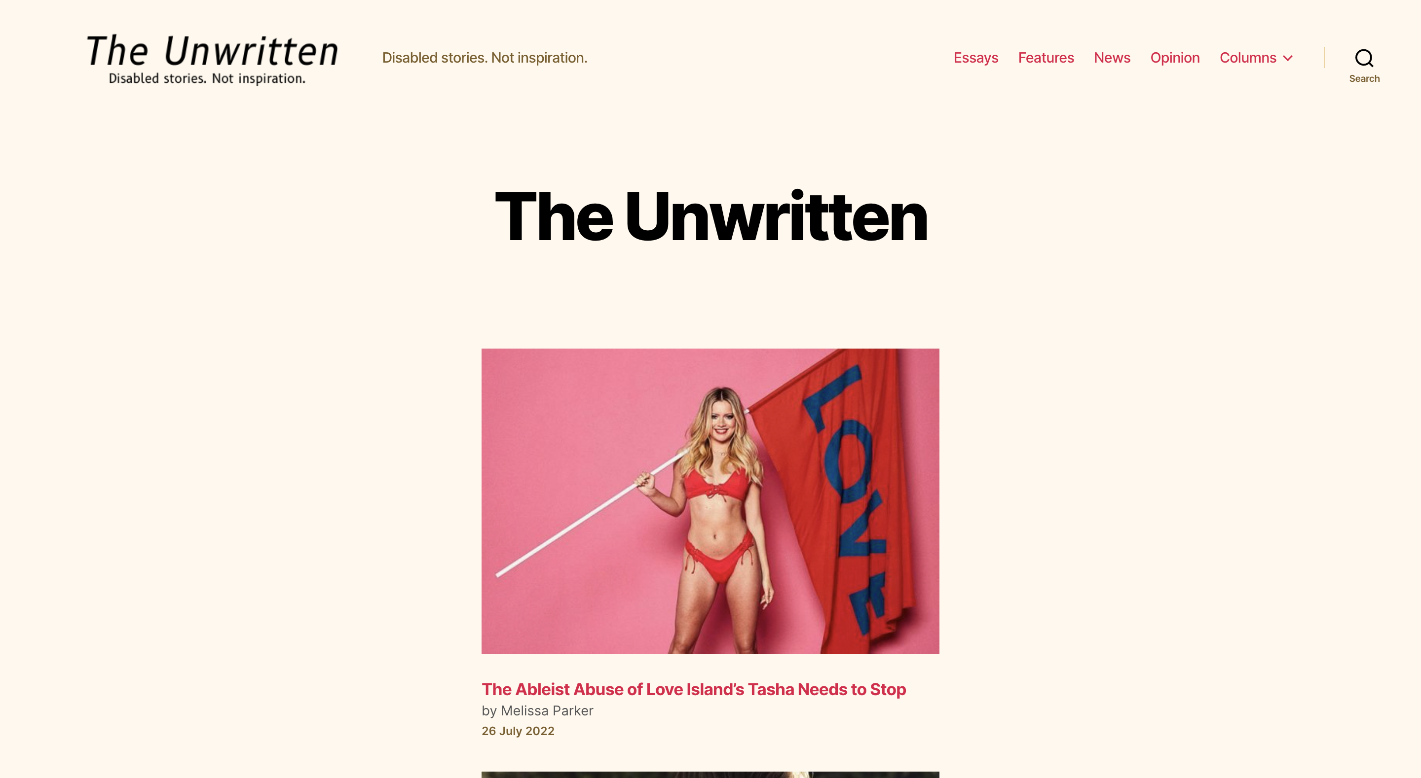 a screenshot of The Unwritten website. The top story is about ableism on love island