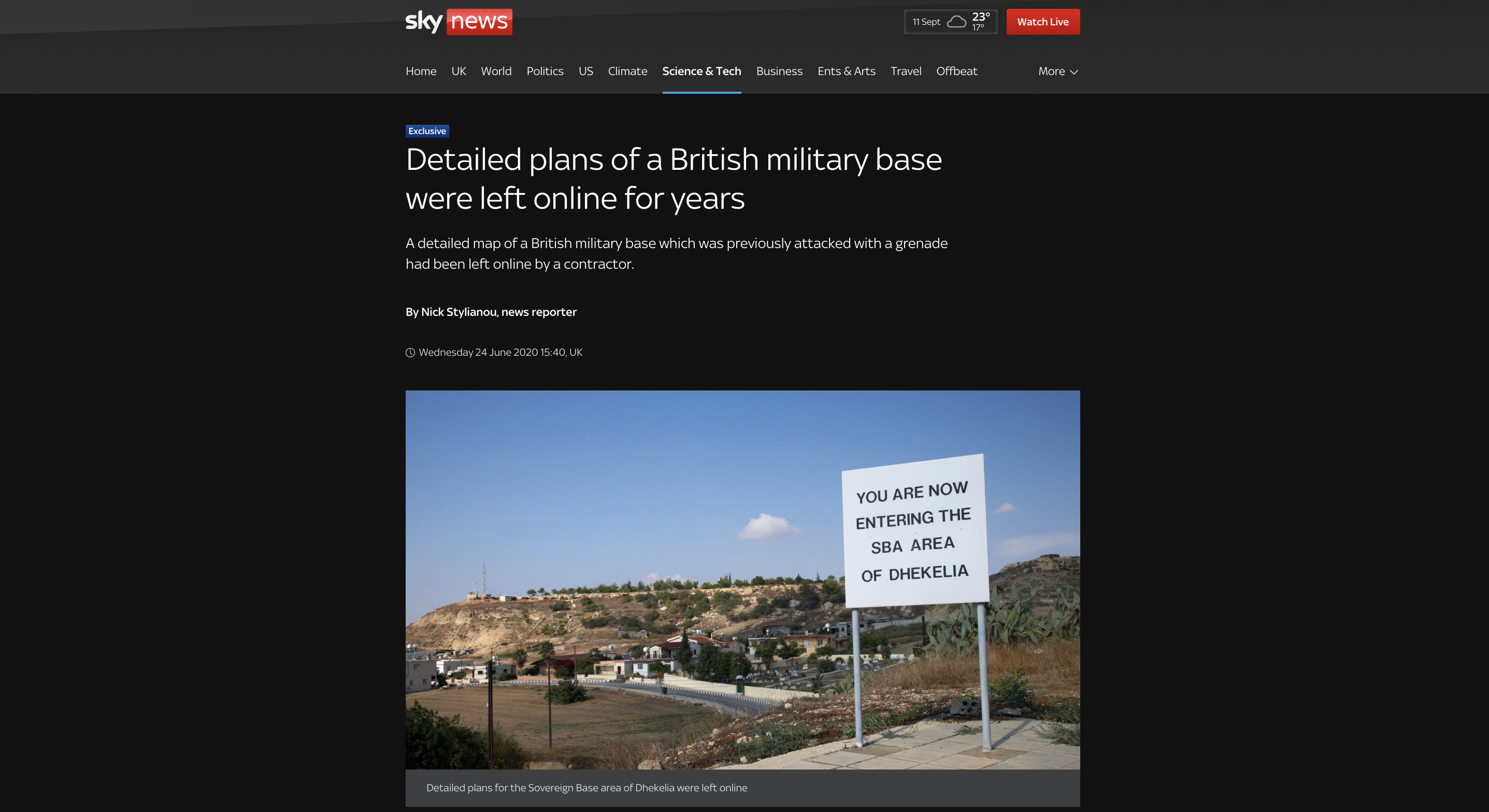 a screenshot of the sky news website with a story of nick's. headline reads EXCLUSIVE: Detailed plans of a British military base were left online for years