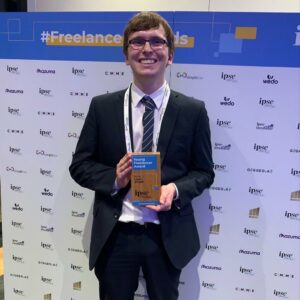 journalist liam o’dell winning the ipse young freelancer award