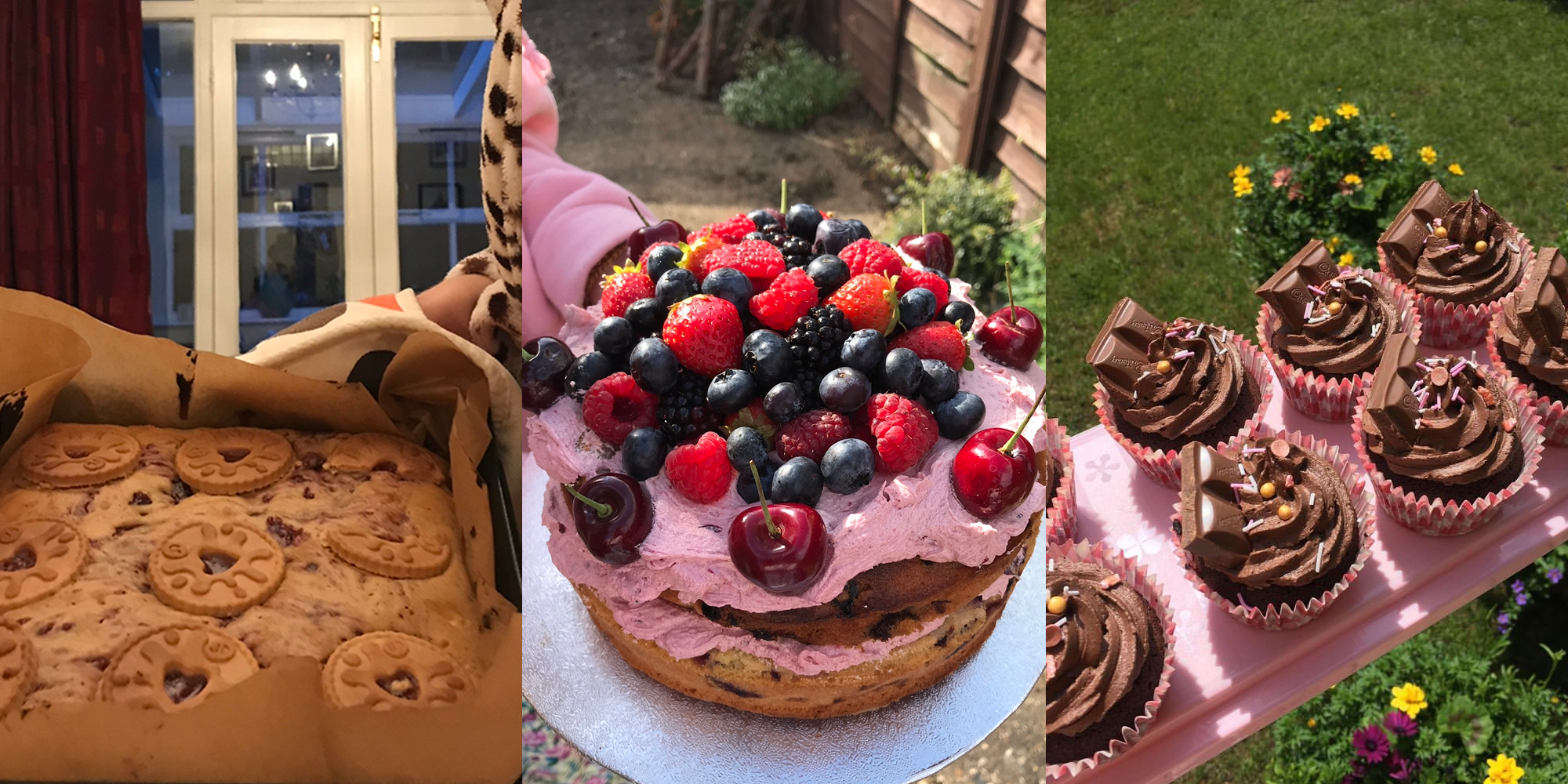 a collage of three baked goods, including a tray bake with jammy dogers, a cake with fresh fruit on top and chocolate cupcakes