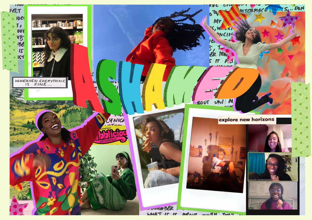 a colourful collage of pictures of women of colour. bright font reads ashamed