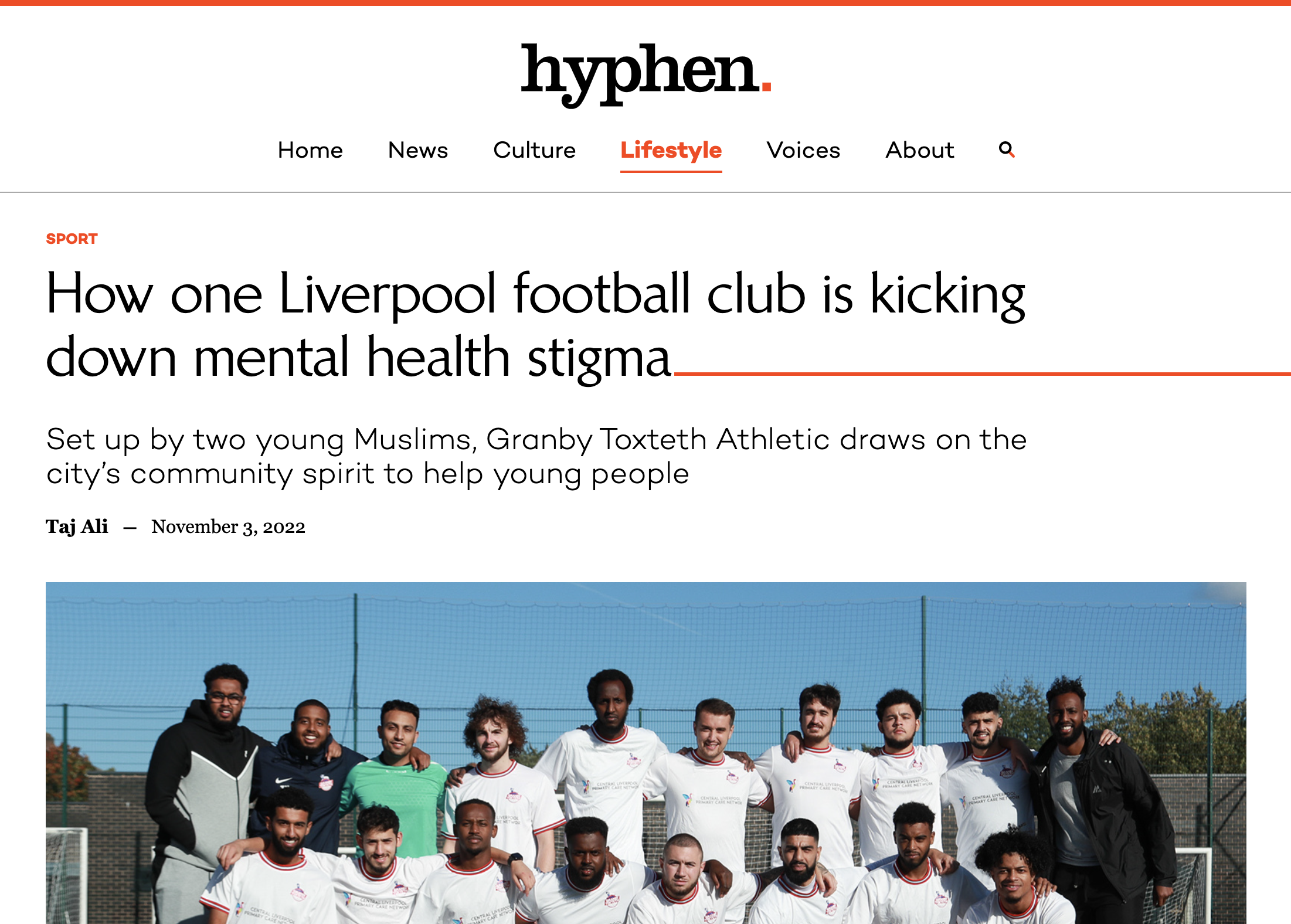 a story of Taj's on hyphen. the headline reads 'How one Liverpool football club is kicking down mental health stigma'