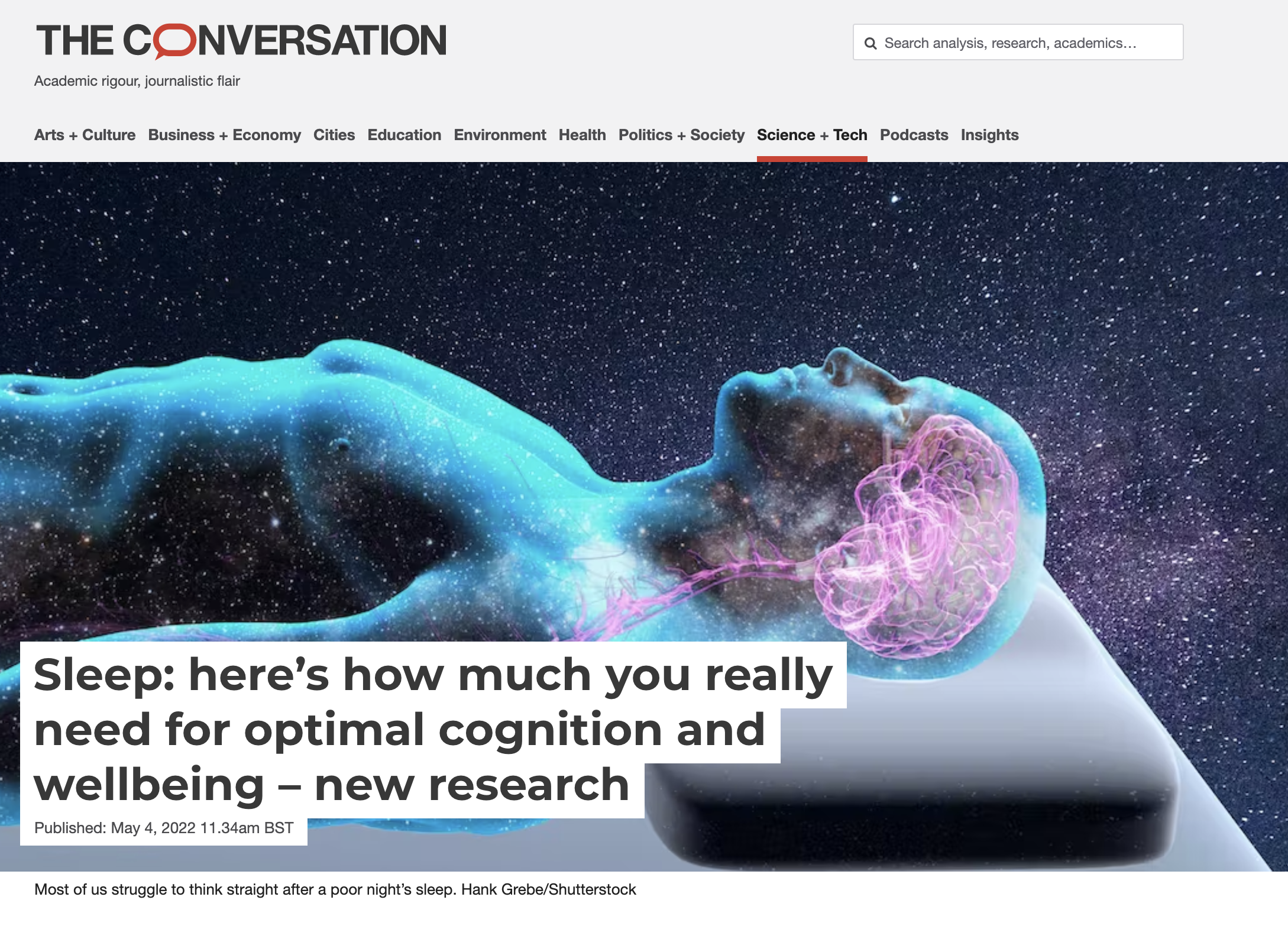 Article headline reads 'Sleep: here’s how much you really need for optimal cognition and wellbeing – new research'