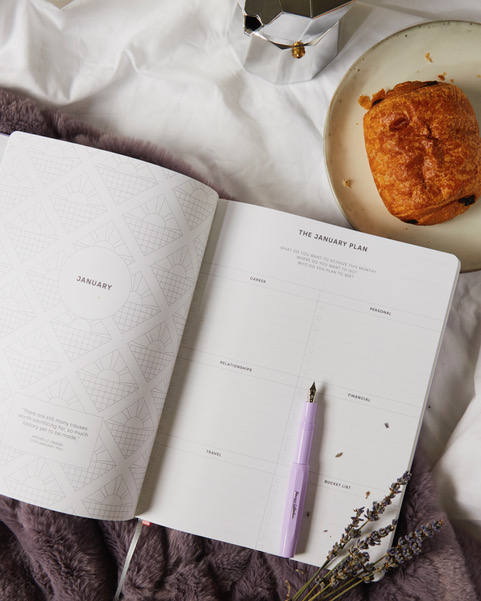 The Circle Planner laying open on a soft blanket showing a January planning page, with a pain au chocolat on a plate next to it. 