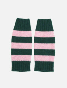An image of Cotswold Knit's Broadway Handwarmers in Crocus which is a pattern of forest green and baby pink stripes.