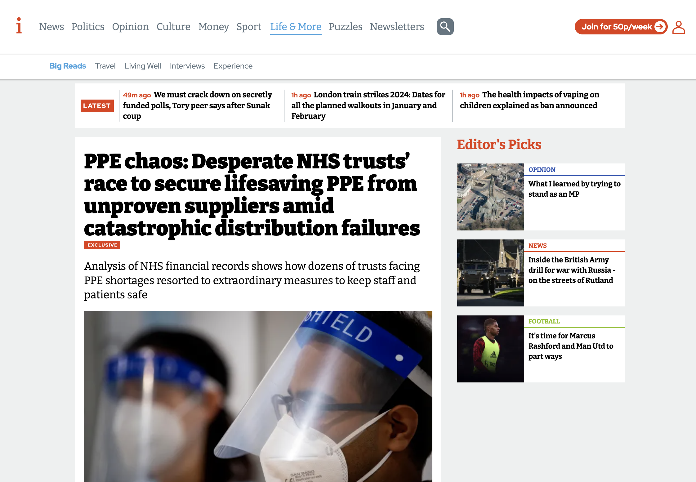 A screenshot of Dean's award-winning story in the i. The headline reads: PPE chaos: Desperate NHS trusts’ race to secure lifesaving PPE from unproven suppliers amid catastrophic distribution failure