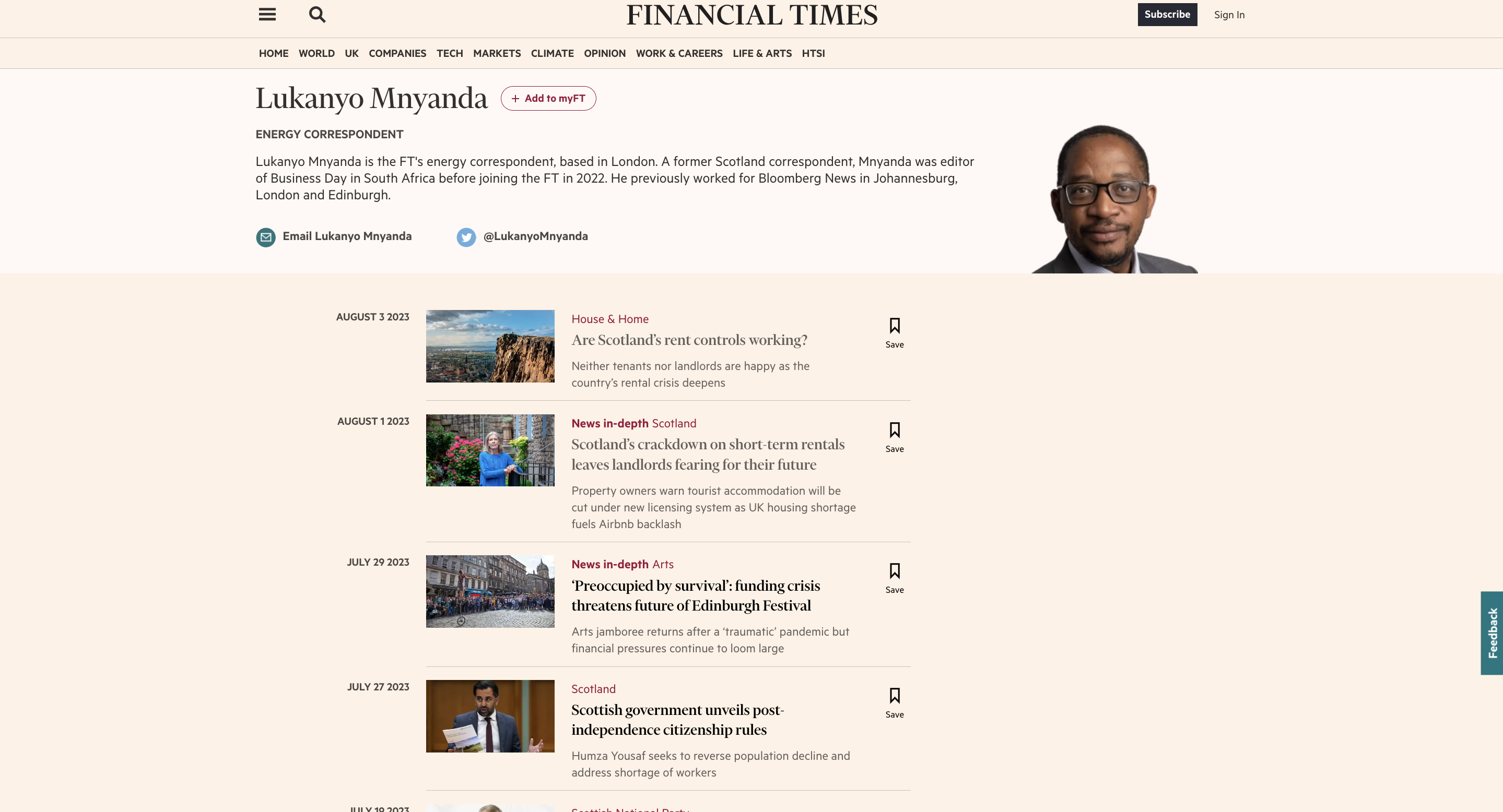 Lukanyo's author page on the FT, showing a range of long reads about Scotland, including on rent controls and the Edinburgh Festival