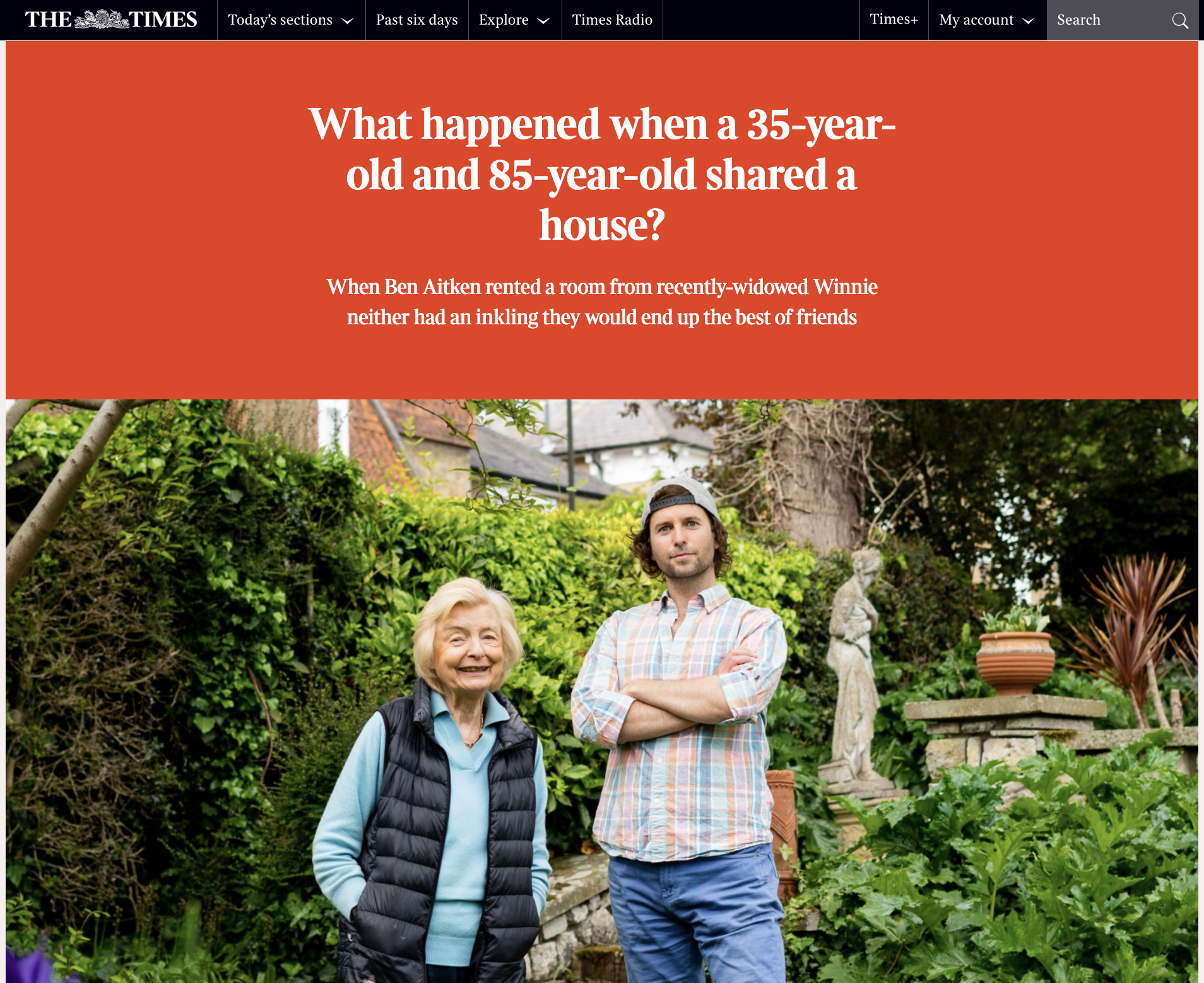 A screenshot of an article on The Times with a headline reading: What happened when a 35-year-old and 85-year-old shared a house?