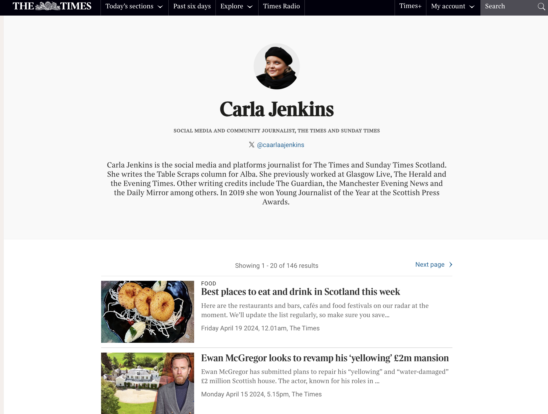 A screenshot of some of Carla's stories in The Times