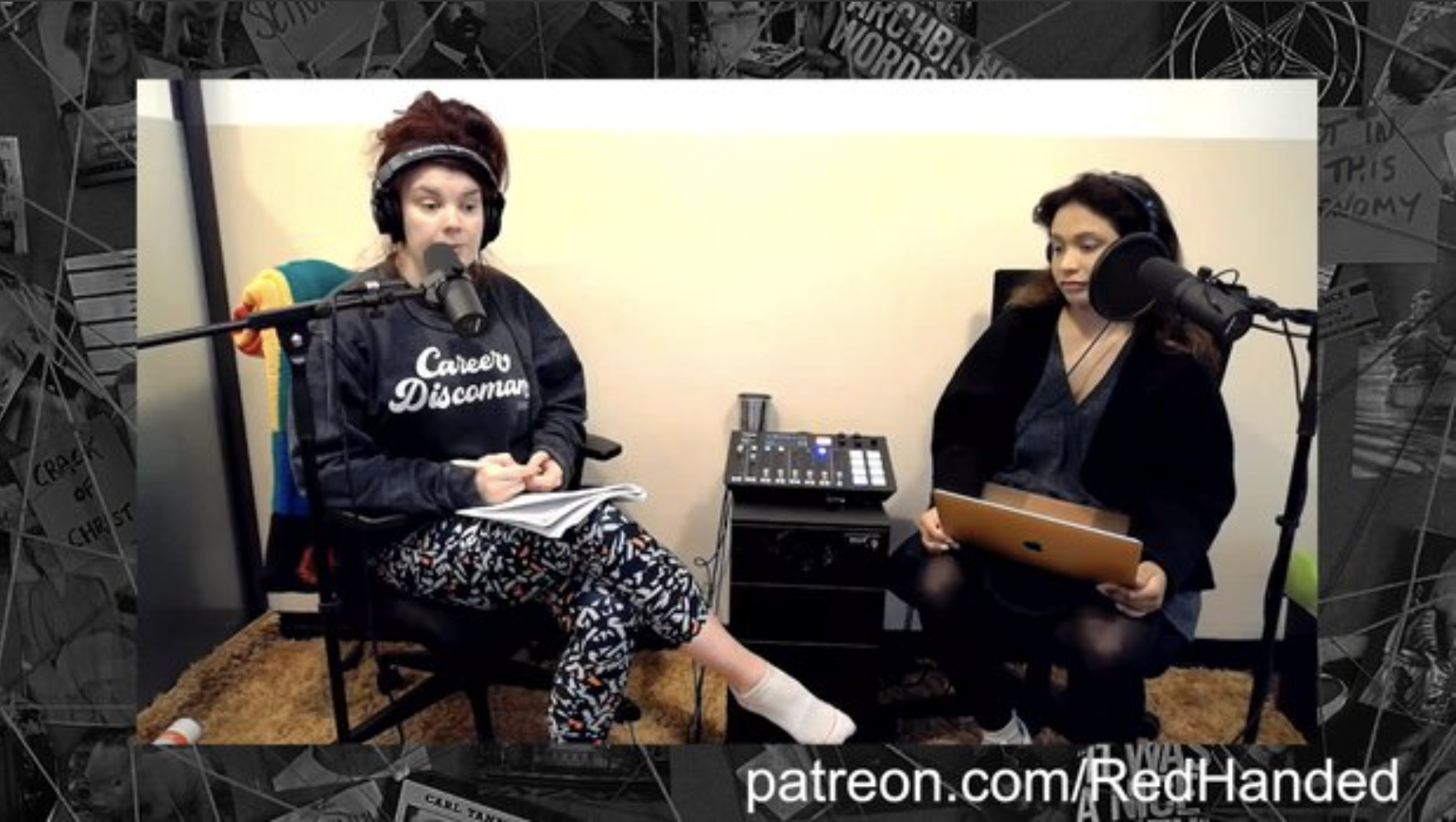 Hannah Maguire  and Suruthi Bala in a podcast studio